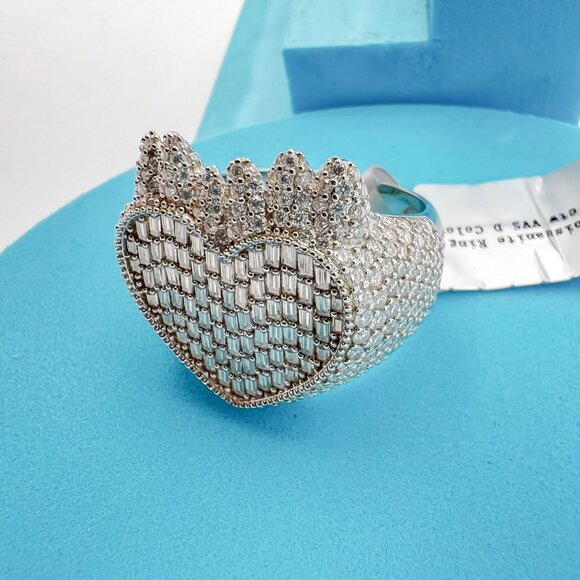 925 Sterling Sliver Moissanite Designer Heart Ring, 4.647ctw VVS Stones Hip Hop - Picture 3 of 9